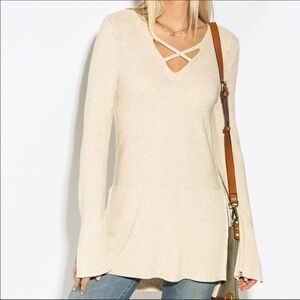 NWT Free People Criss Cross Side Slit Sweater in Cream
